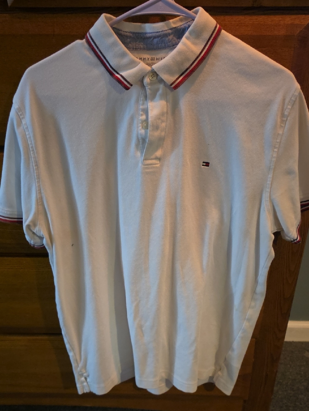 Tommy Hilfiger White Polo with Red-Trim Collar, Size L.